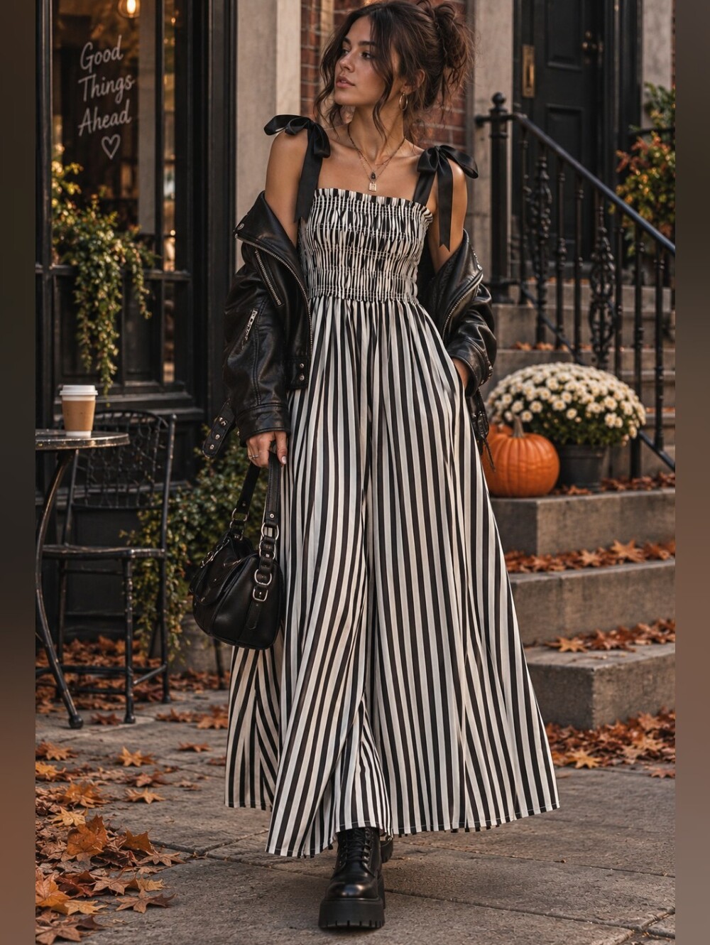 Black White Striped Maxi Dress S Smocked Tie Strap Alt Punk Grunge